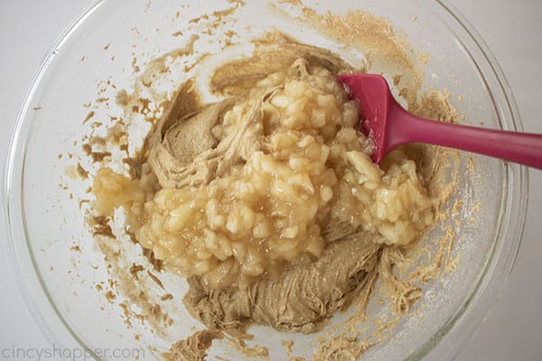 Diced apple pie filling added to cake mix