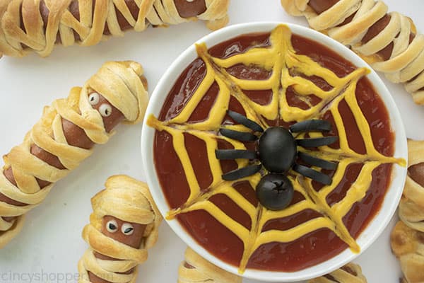 Mummy Dogs with Spider web ketchup