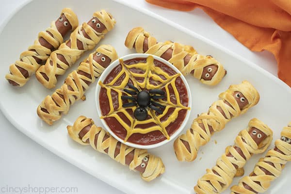 Mummy Dogs with Spider web ketchup