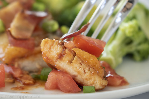 Cheesy Bacon BBQ Chicken piece on fork