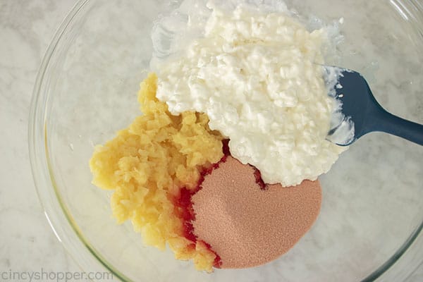 Jello Salad with Cottage Cheese ingredients in a bowl