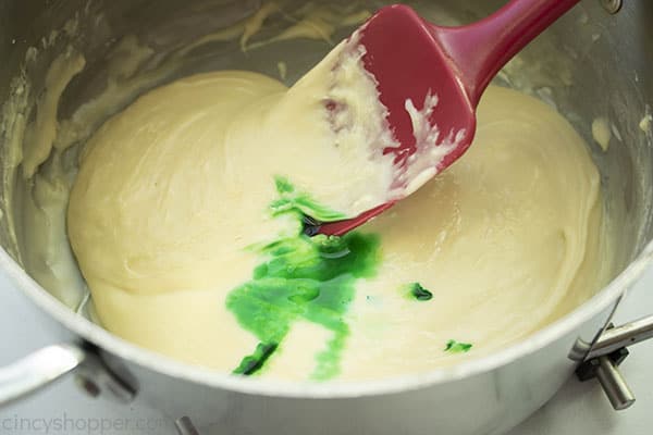 Green food coloring added to chocolate mixture