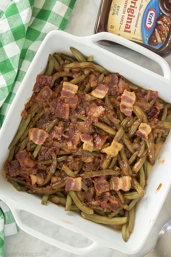 BBQ Green Beans in a casserole dish