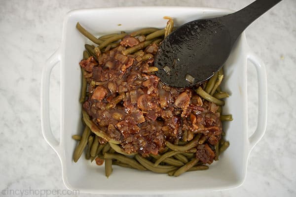 Barbecue Bacon sauce mixture added to green beans