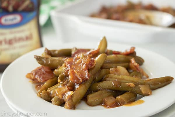 Plate of BBQ green beans with bacon