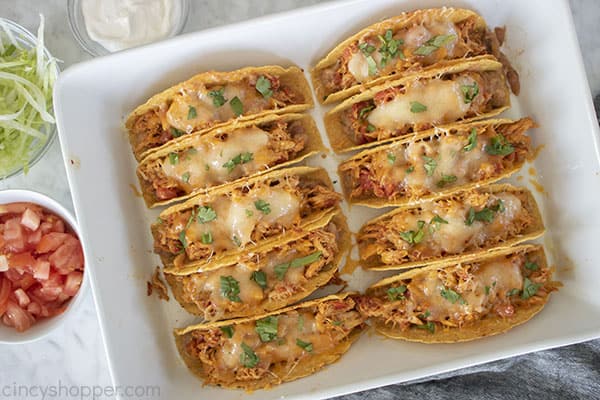 Oven baked tacos with chicken in a dish