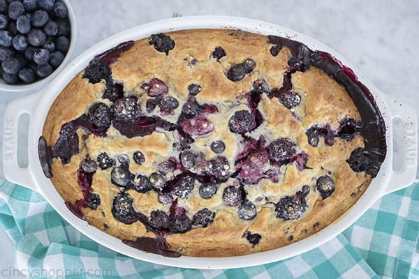 Easy Berry cobbler in a casserole dish.