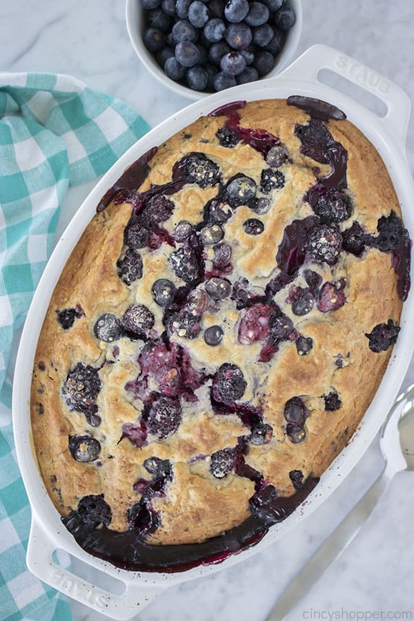 Triple berry Cobbler in a casserole dish