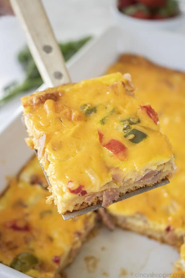 Breakfast Crescent Roll Casserole on a spatula.