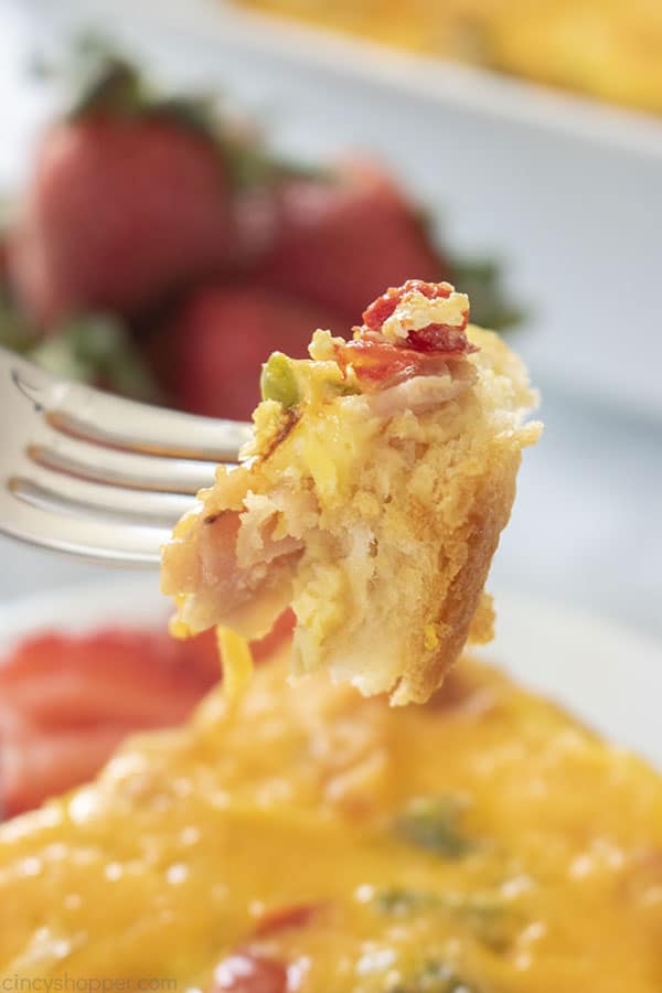 Breakfast egg casserole on a fork