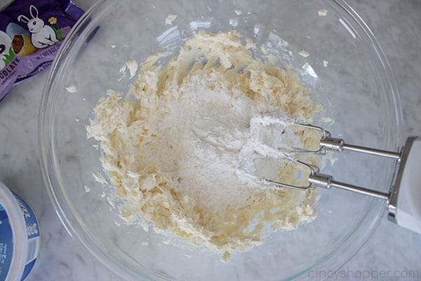 Powdered sugar added to creamed butter mixture