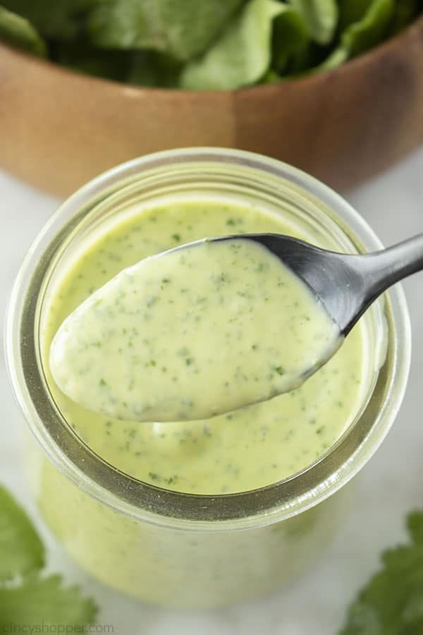 Creamy Cilantro Dressing on a spoon