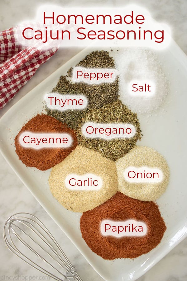 Cajun seasoning ingredients on a plate with text