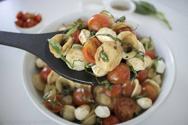 Caprese Pasta Salad on a spoon