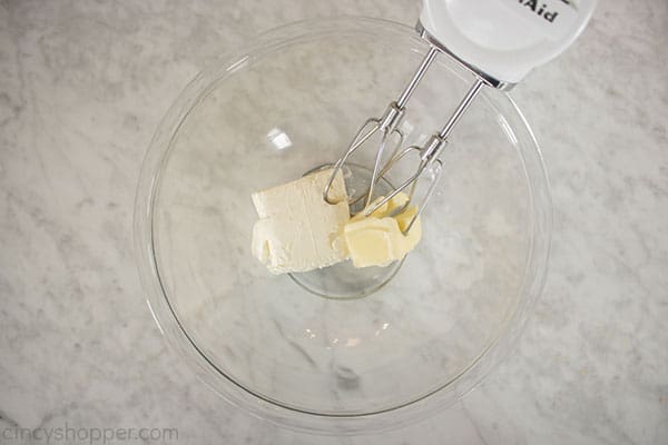 Cream cheese and butter ina bowl with mixer