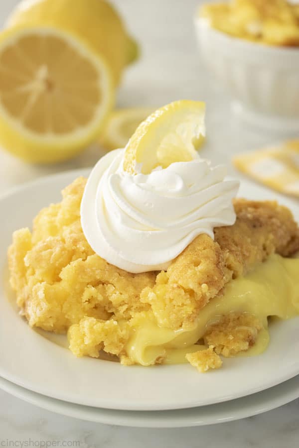 Lemon Dump cake with whipped cream
