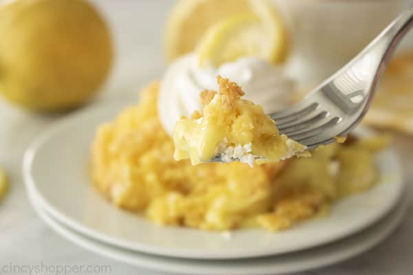Lemon Pudding cake on a fork