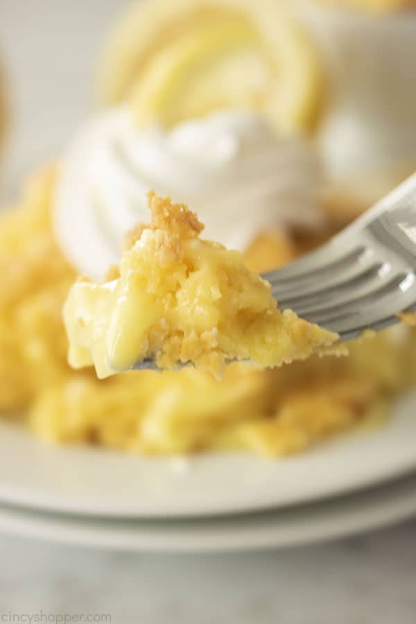 Cake Mix Lemon Dump Cake on a fork