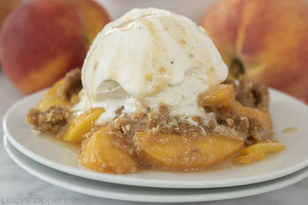 Ice cream topped Easy Peach Crisp