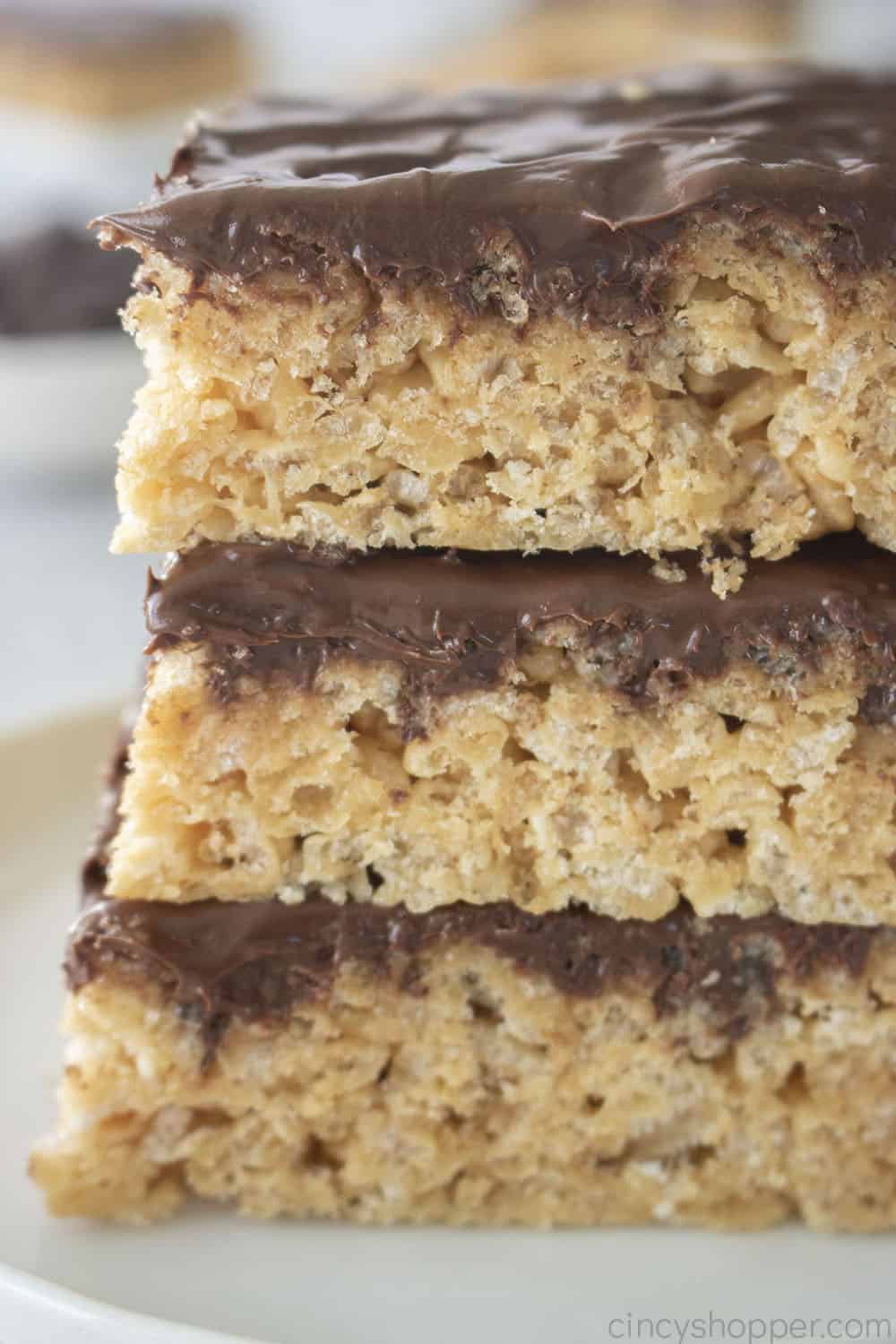 Up close stack of Peanut Butter Rice Krispies 