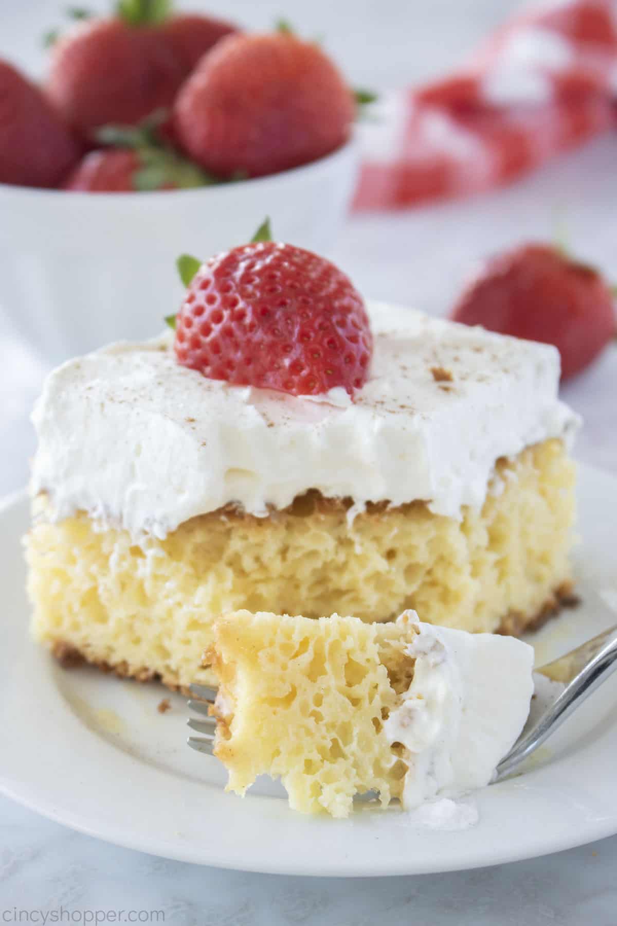 Tres Leches Cake with a fork on a white plate