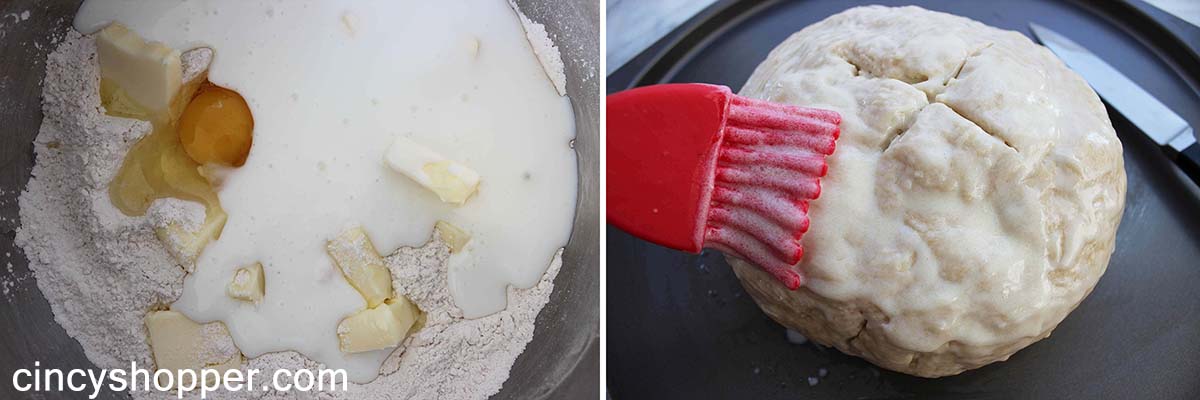 Ingredients in a bowl and buttering the bread before baking