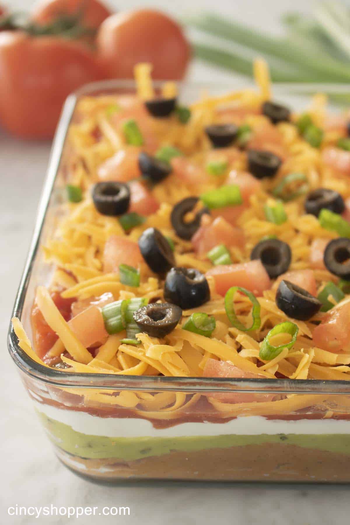 7 Layer Dip in a clear dish