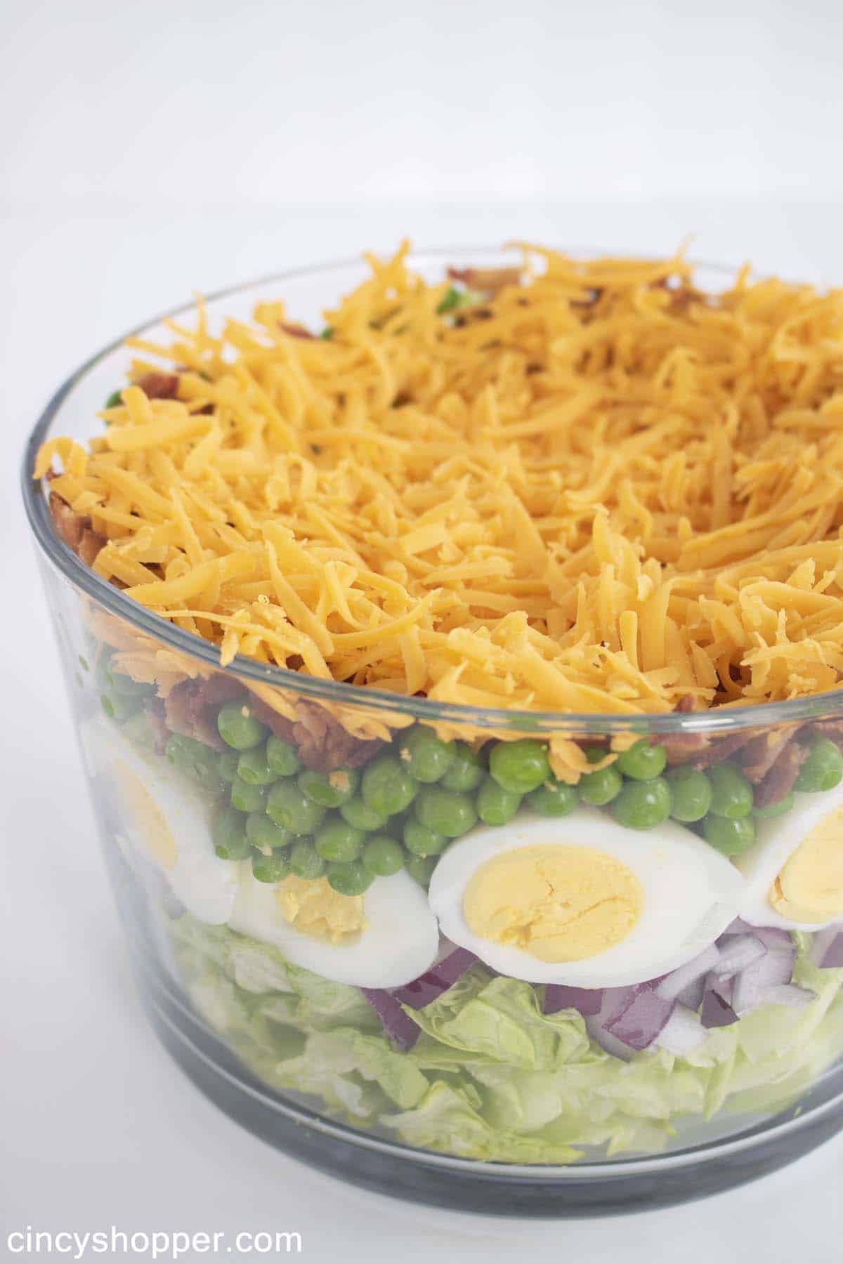 7 Layer Salad in a clear glass bowl