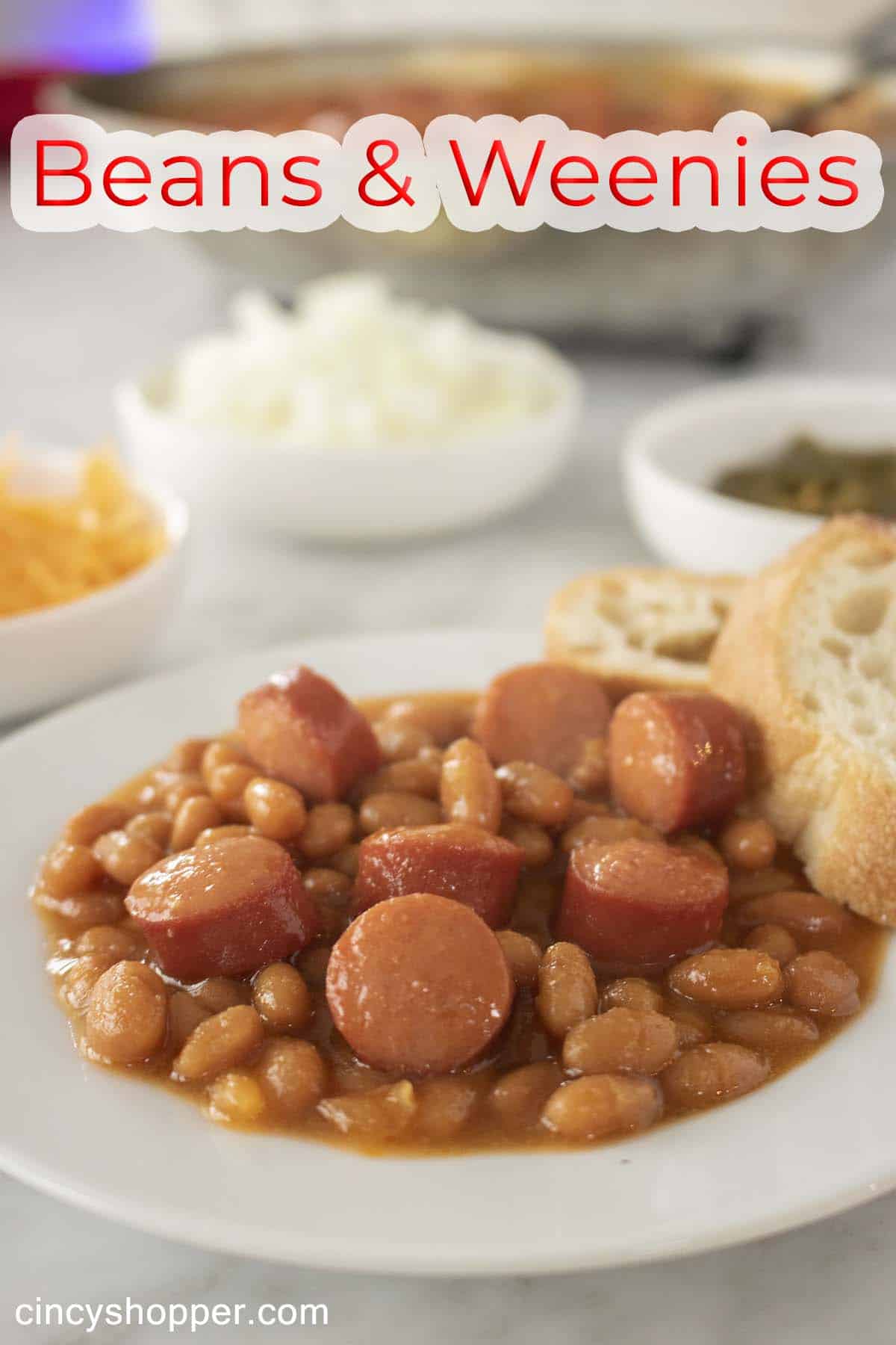 Text on image with plate of Beans & Weenies.