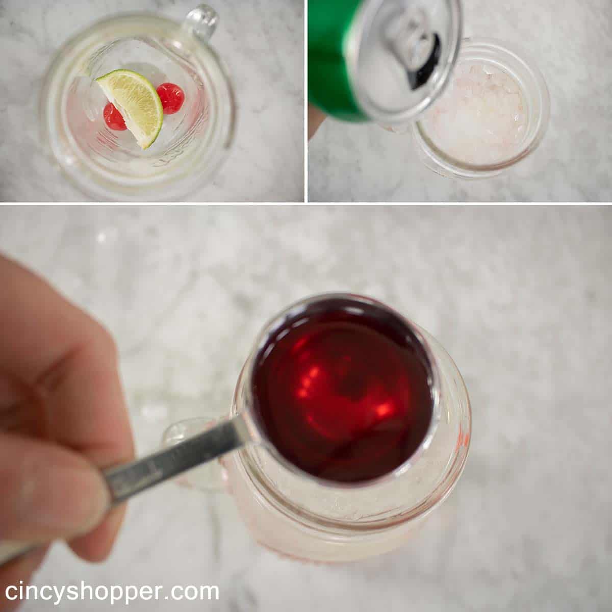 Cherry juice added to glass.