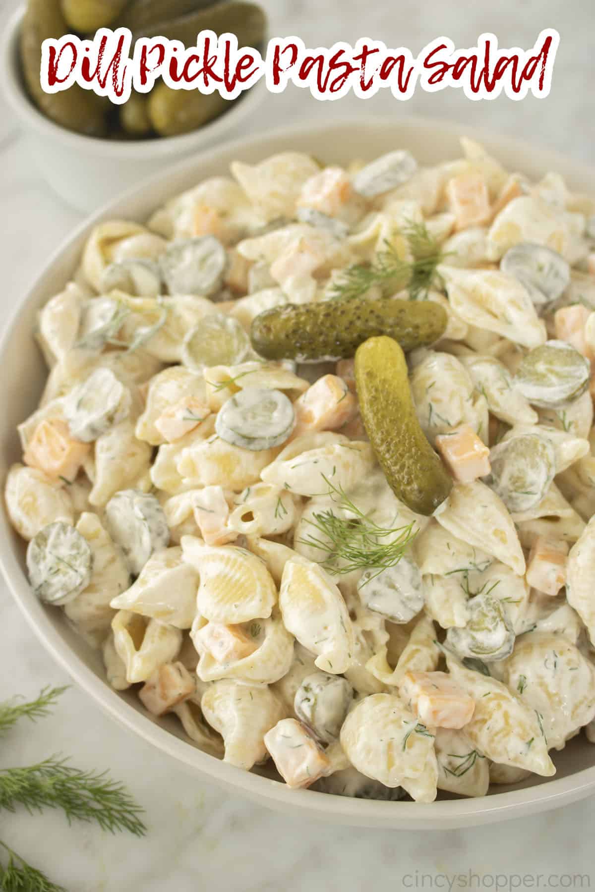 Text on image Dill Pickle Pasta Salad