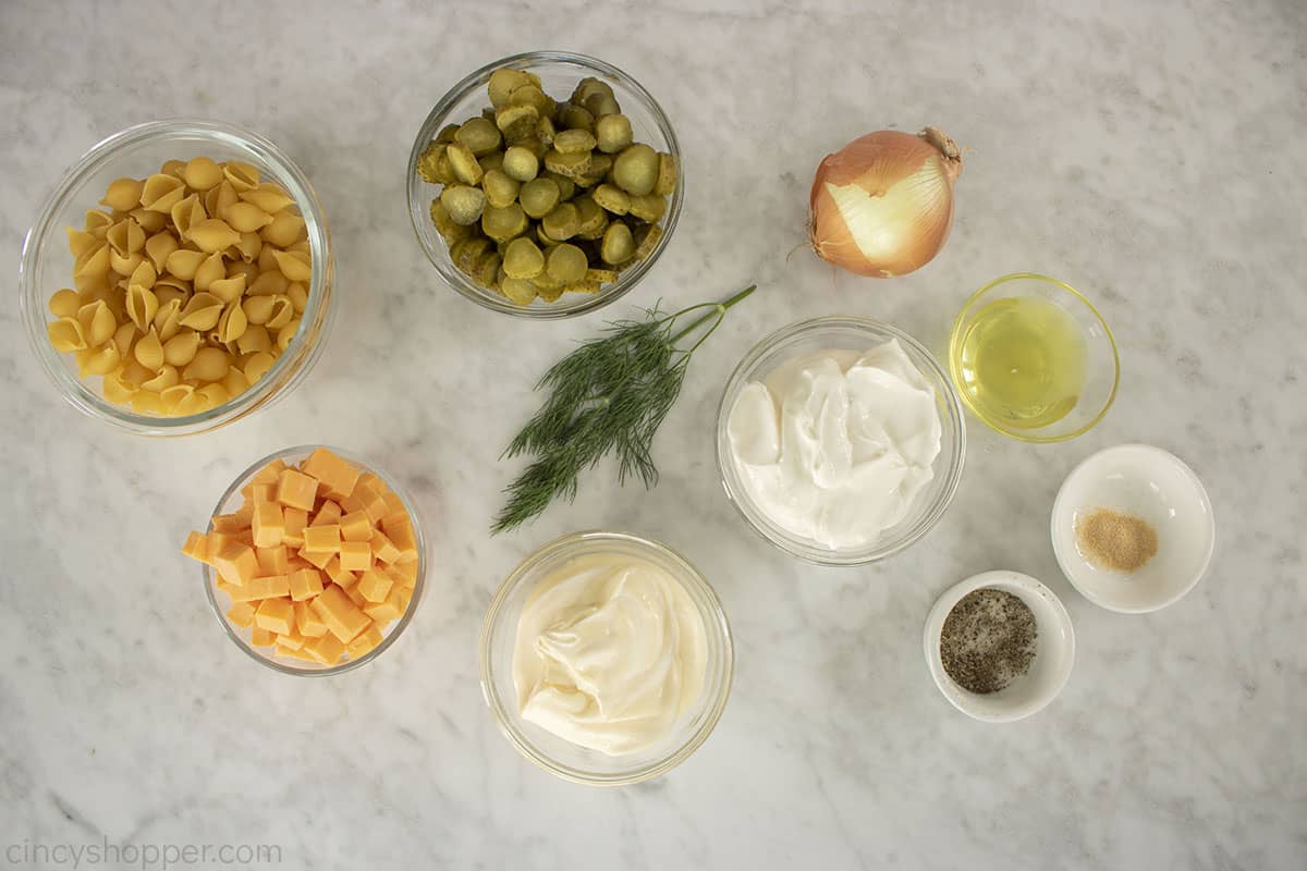 Ingredients to make Dill Pickle Pasta Salad.