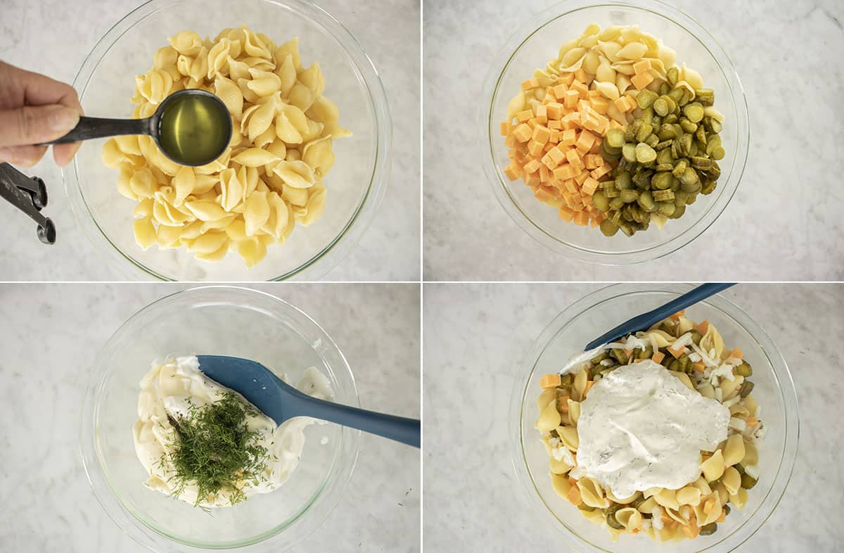 Showing the process to make Dill Pasta Salad