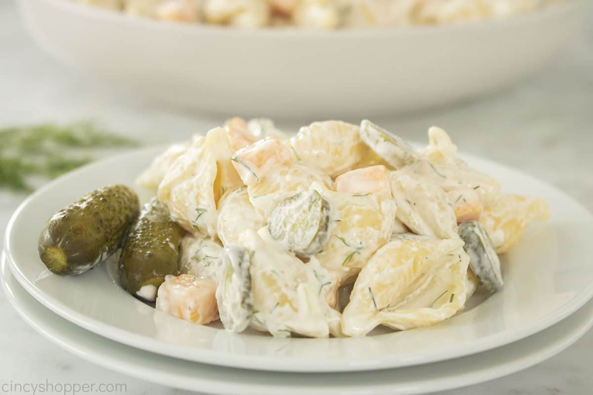 Plate with creamy pickle pasta salad