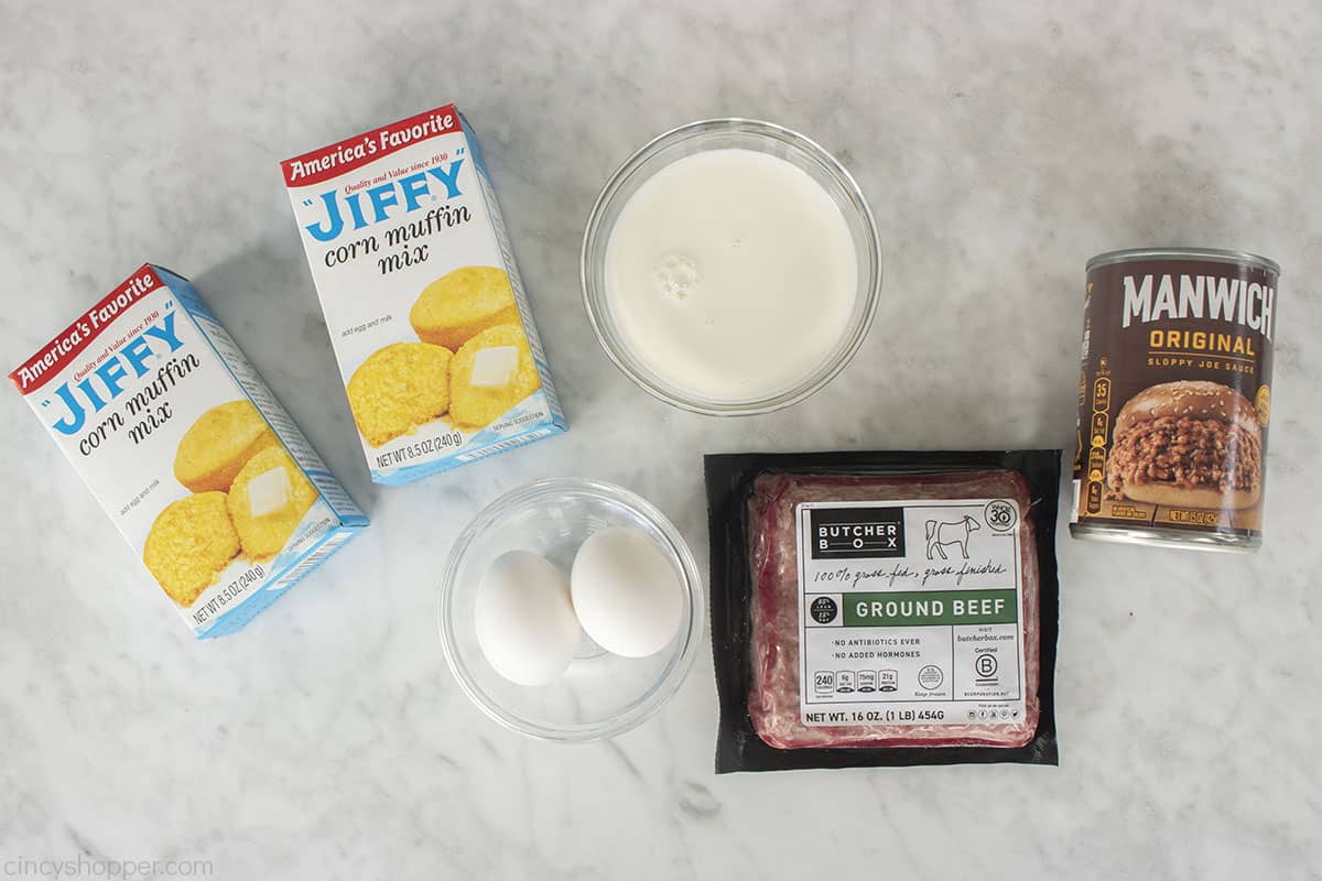 Ingredients to make Sloppy Joe Cornbread Casserole