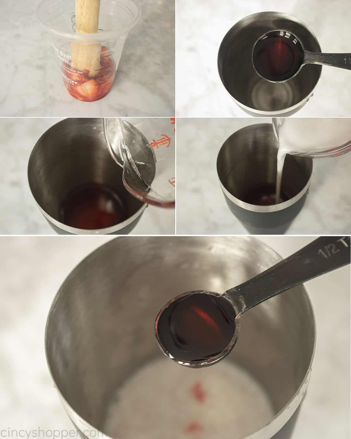 Process collage showing how to make Pink Drink from Starbucks.