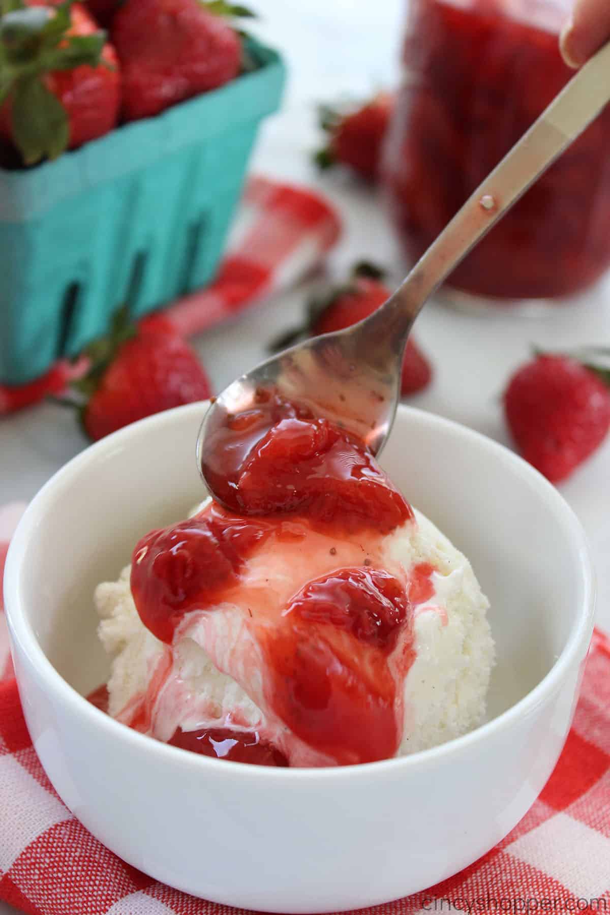 Strawberry Topping on a spoon