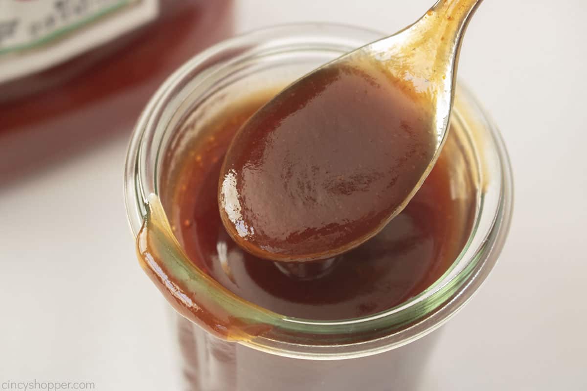Easy homemade bbq sauce on a spoon.