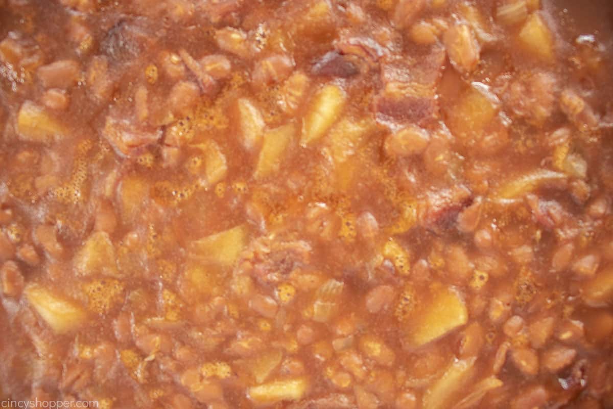 Close up shot of apple BBQ baked beans.