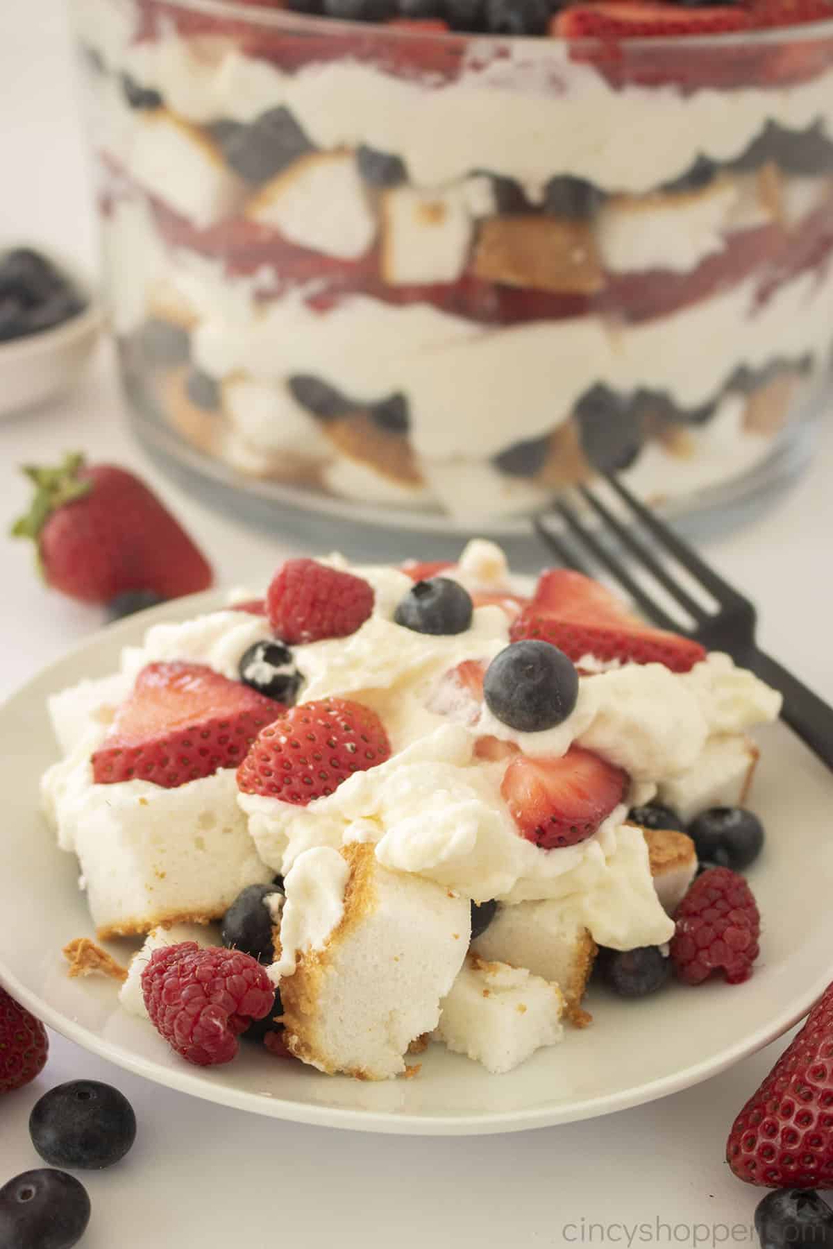 Triple Berry trifle on a white plate.