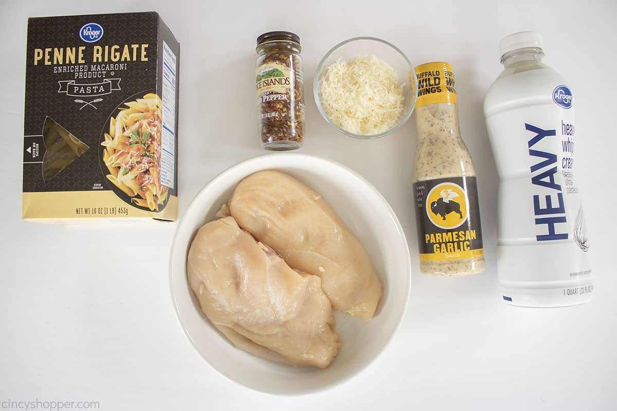 Ingredients to make Buffalo Wild Wings Parmesan Garlic Chicken Pasta.