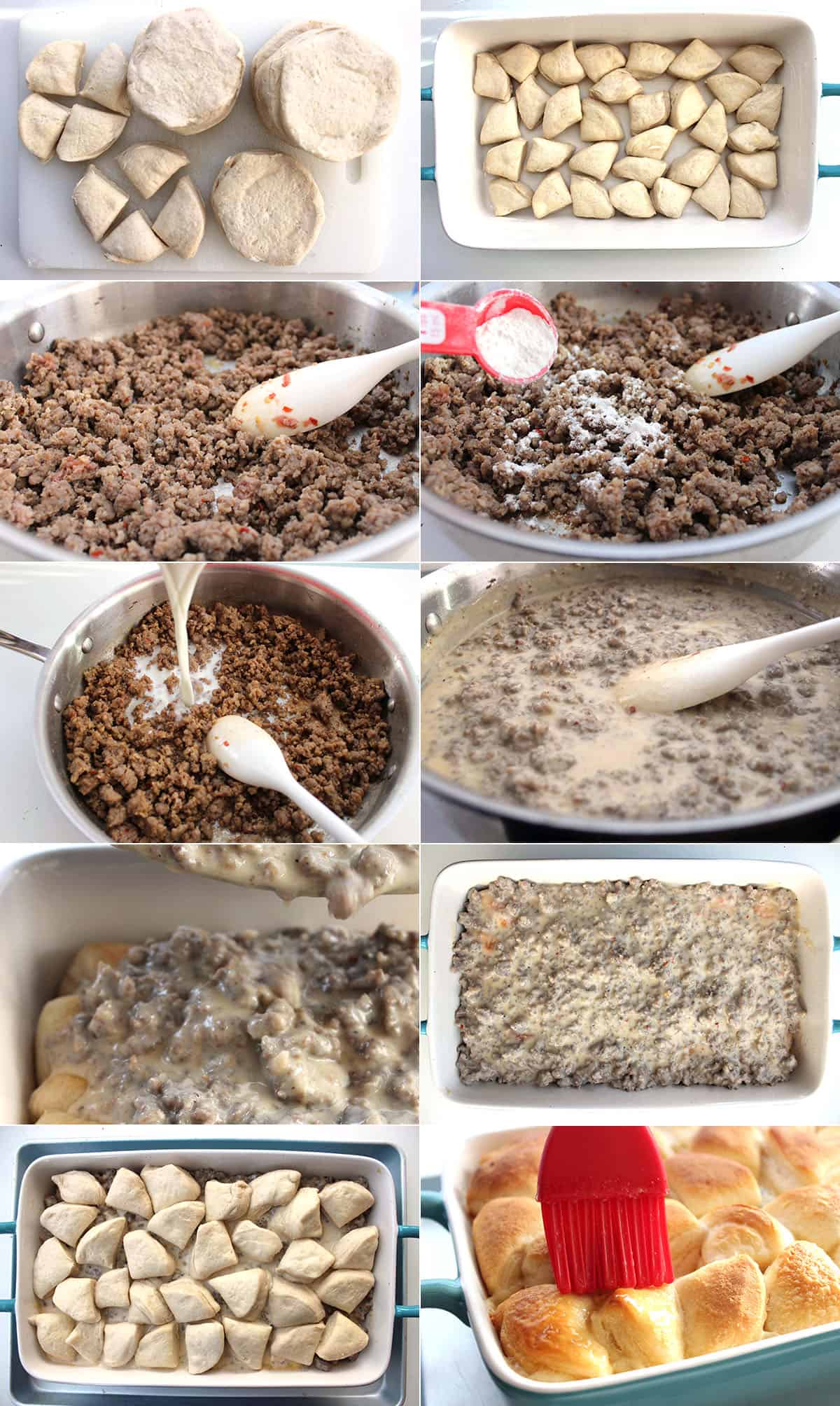 Process to make Sausage Gravy and biscuit casserole.