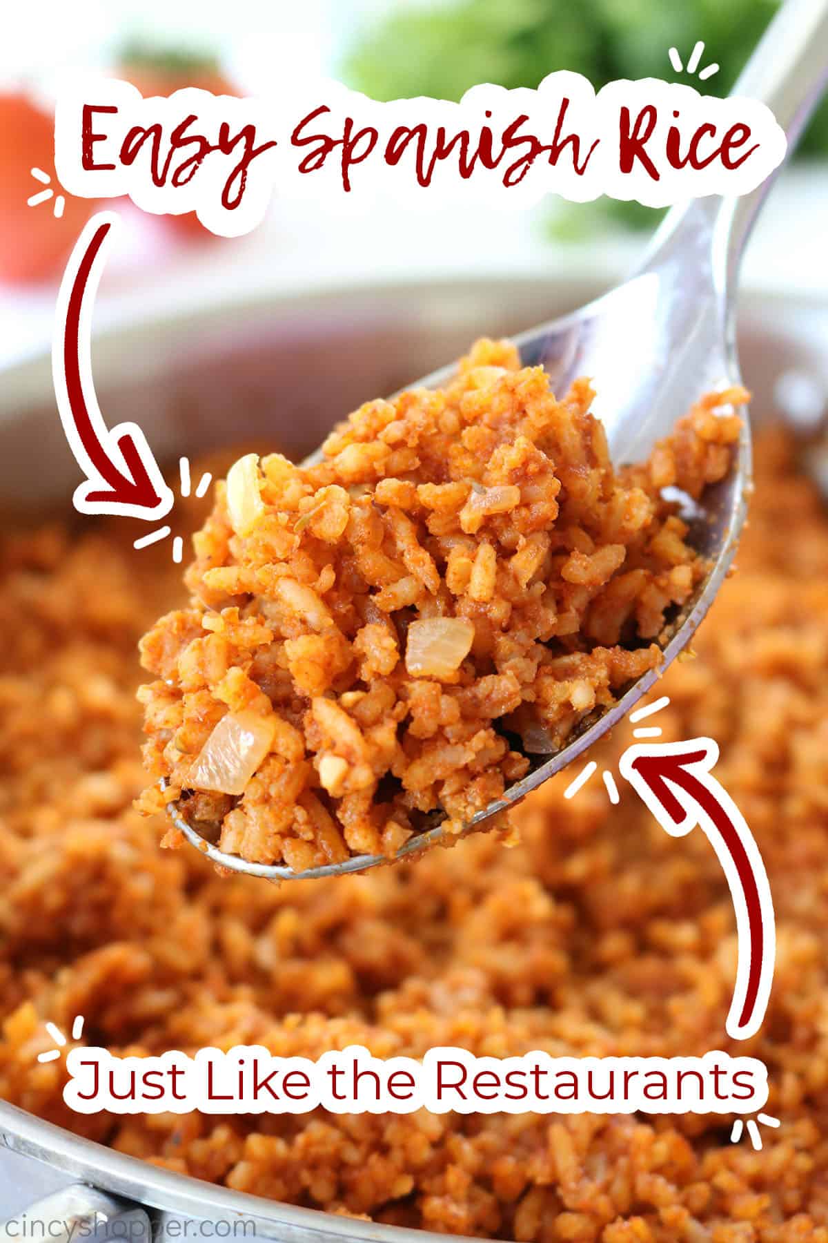 Text on image Easy Spanish Rice, Just like the Restaurants