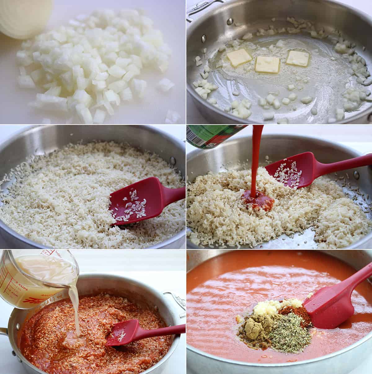 Process to make Mexican rice in a pan.