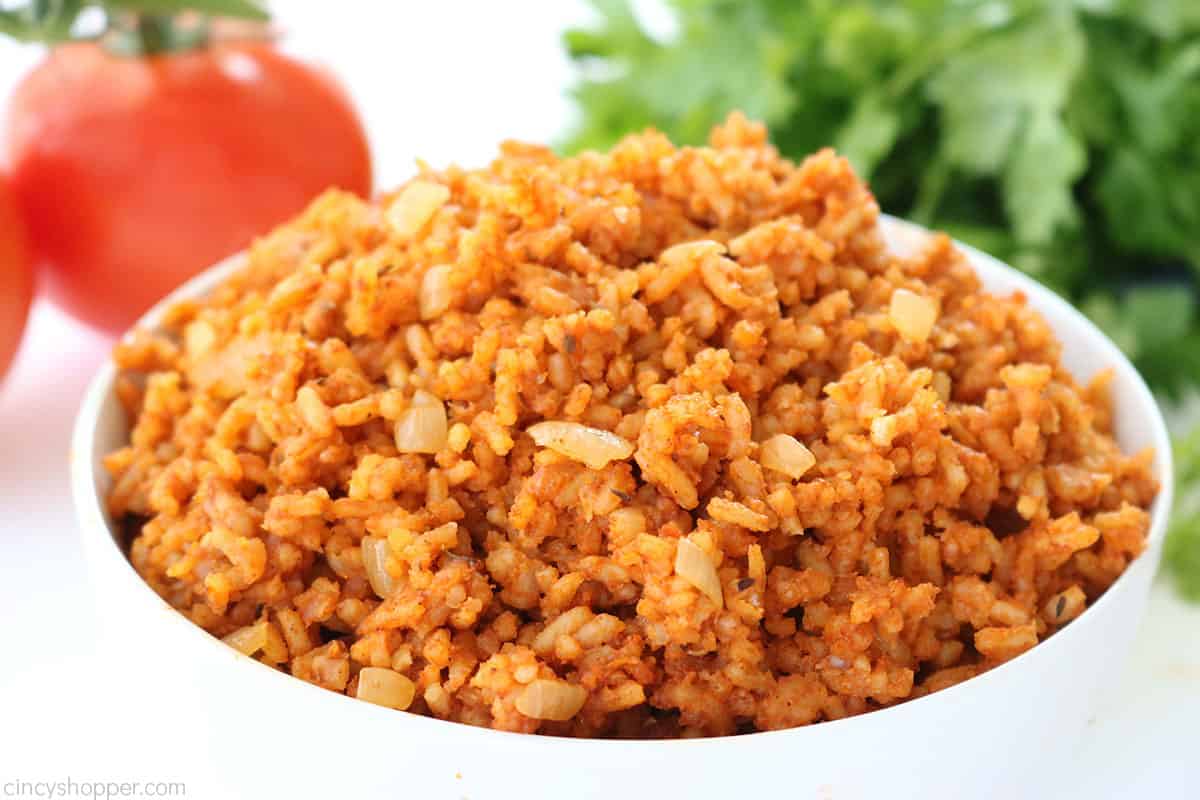 Homemade Spanish Rice in a white bowl.