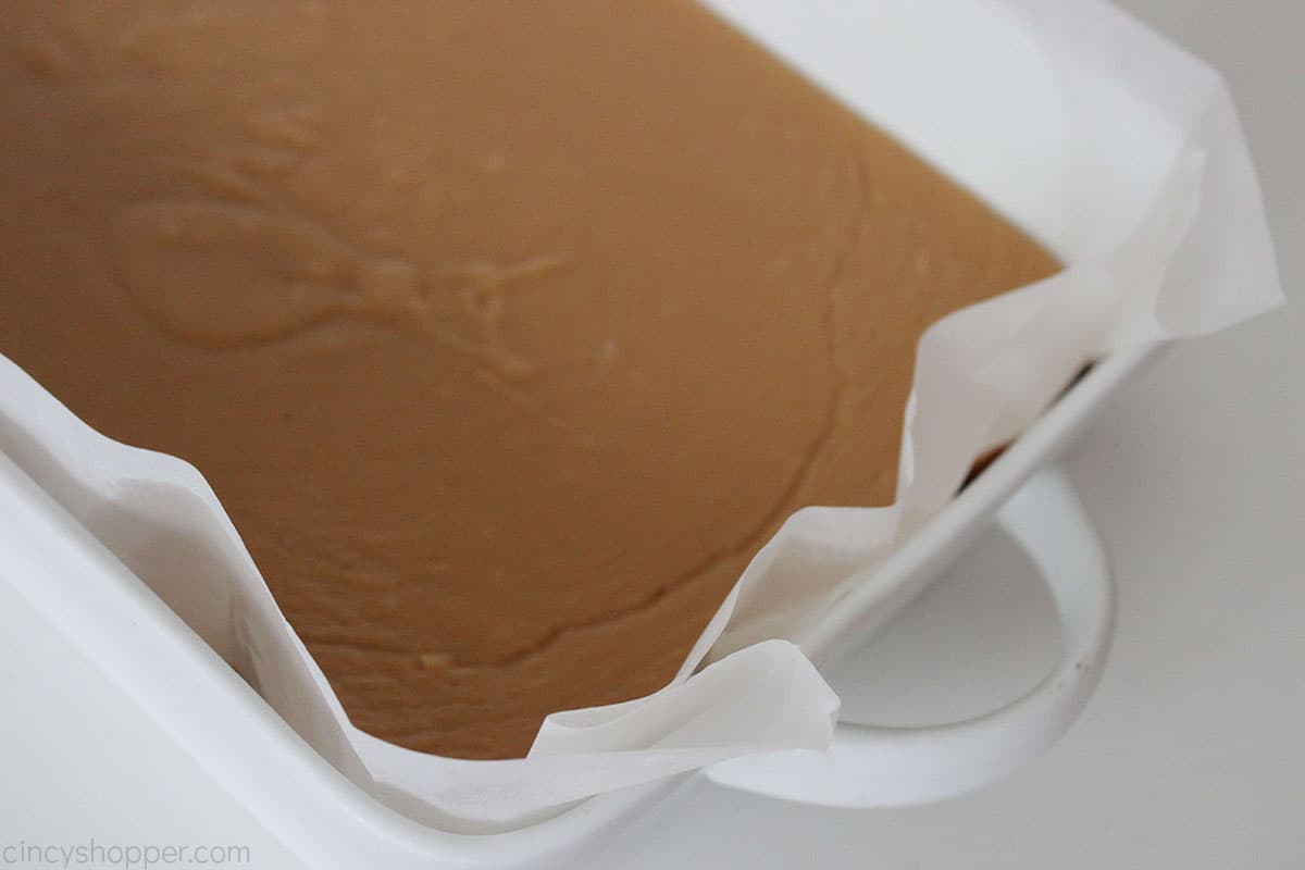 Peanut Butter fudge in a white pan.