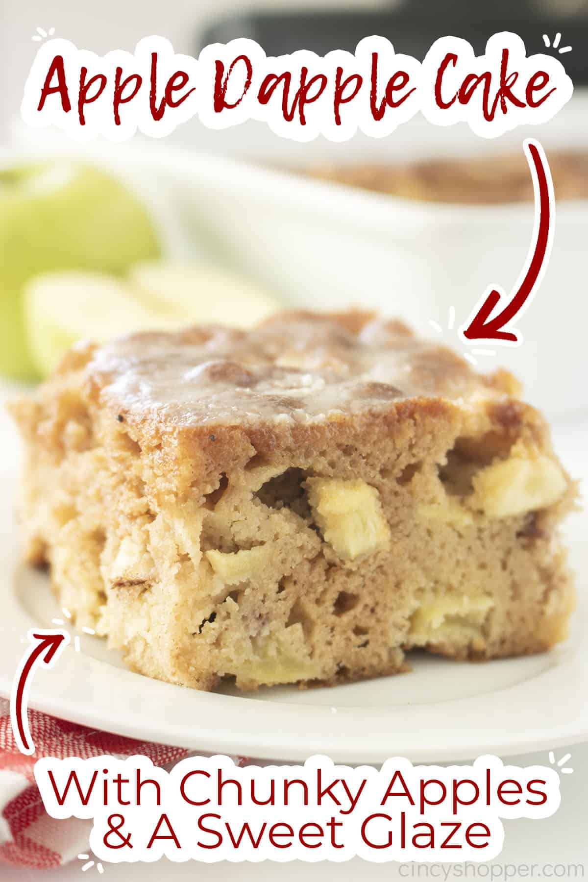 Text on image Apple Dapple Cake with Chunky Apples and a sweet glaze.