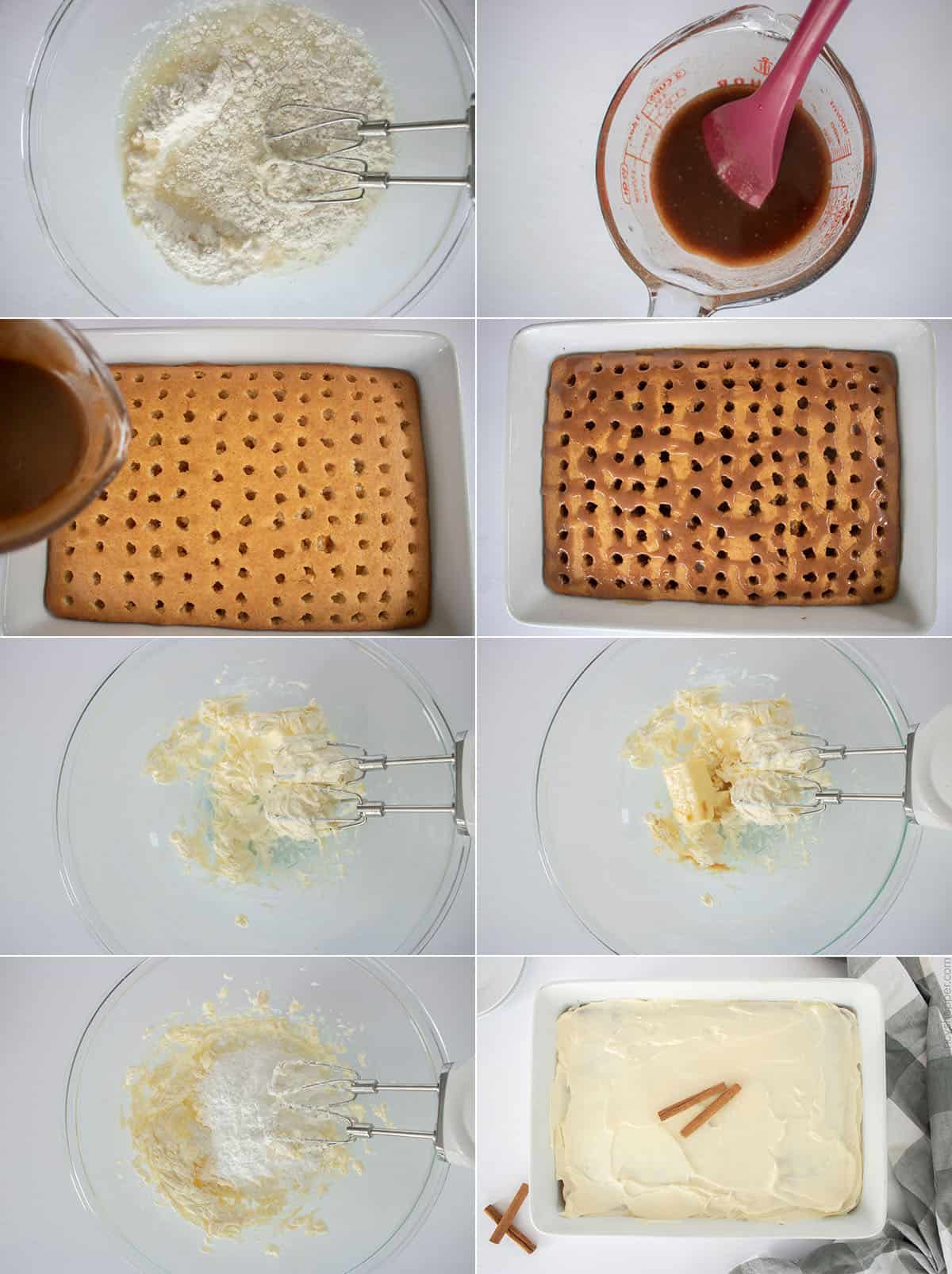 Process for making poke cake with cinnamon.