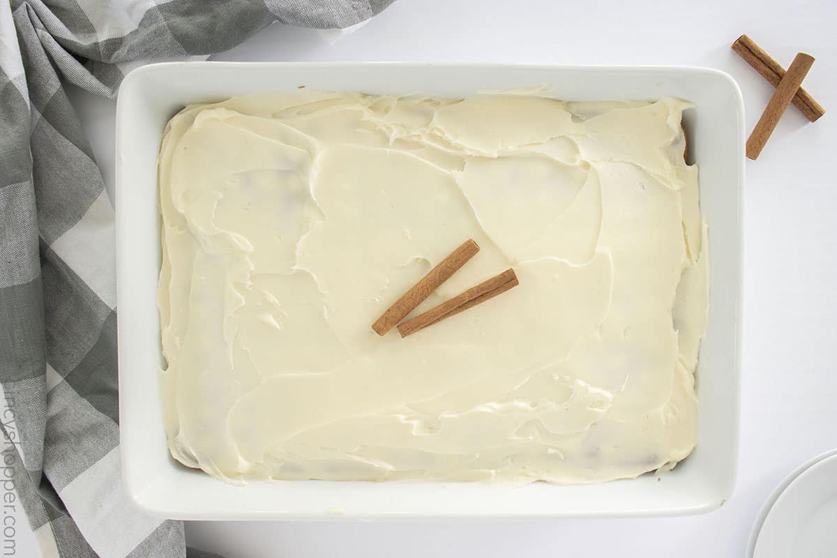 Cinnamon Roll Cake in a white baking pan.