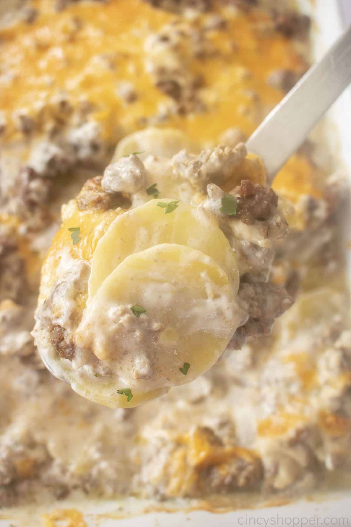 Ground Beef and Potato Casserole on a spoon.